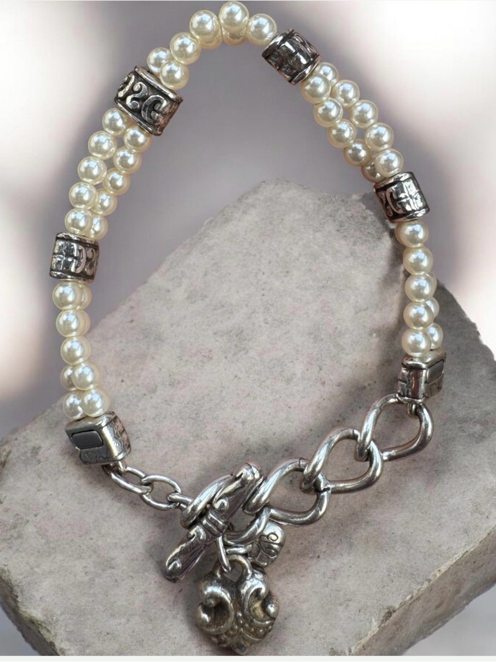 Brighton Lady Jane Double Strand Pearl Decorative Silver Spacers Toggle Bracelet